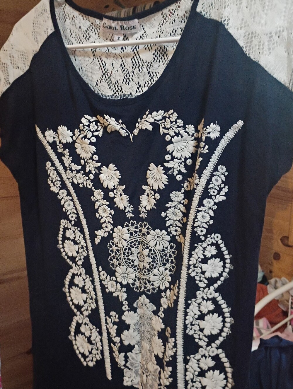 Carol Rose Navy Top with White Floral Embroidery S Ladies